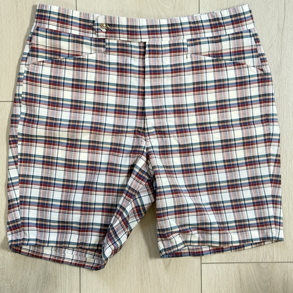 VTG Vecchi Men's Plaid Shorts USA Red Blue White Flat Front Preppy‎ Y2K Stitch